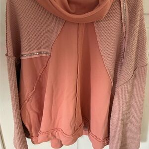 POL Pink Mixed-Media Cowl Neck Sweater with Rhinestone Trim